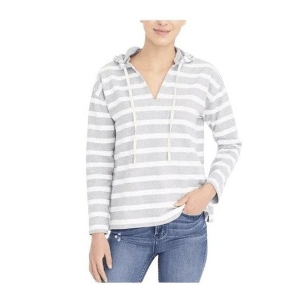 J. Crew Striped Beach‎ Hoodie Sweatshirt Gray White French Terry Long Sleeve M
